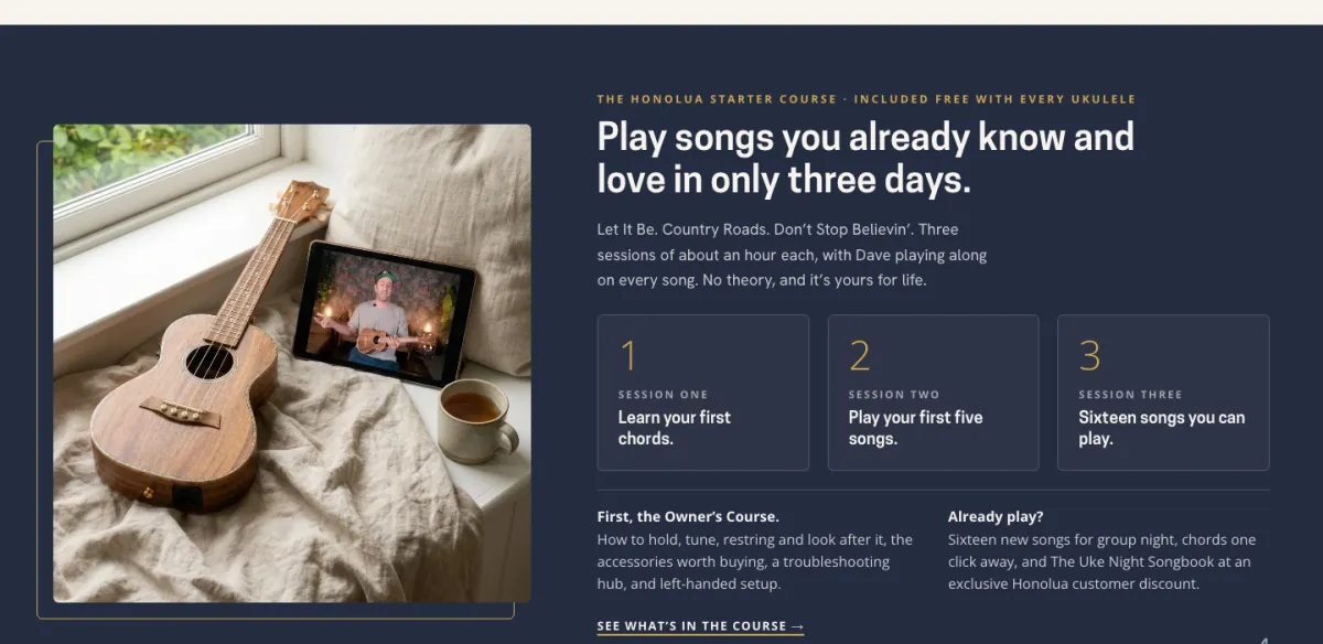 The homepage block for the free starter course, with a ukulele and a tablet showing Dave teaching