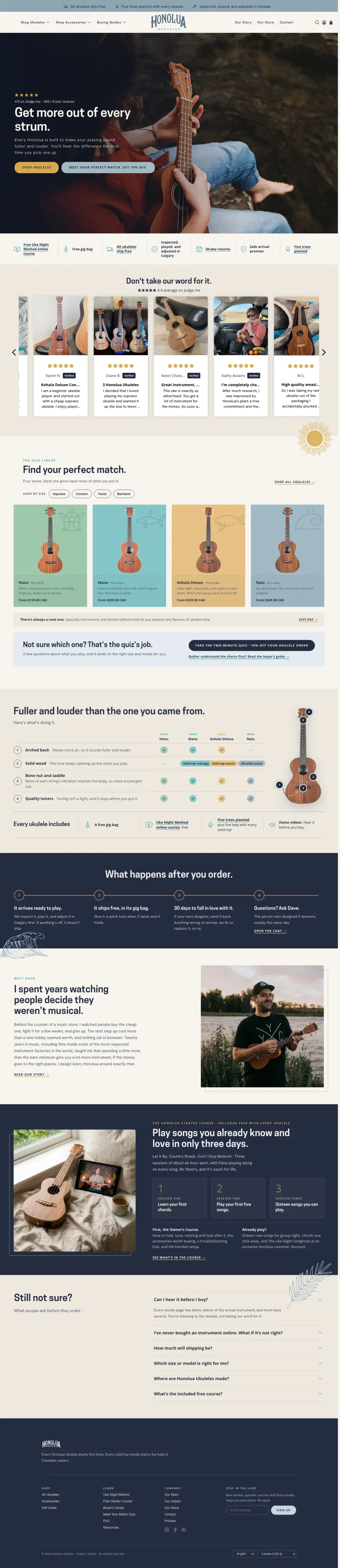 The whole Honolua Ukuleles homepage, from the hero down to the footer
