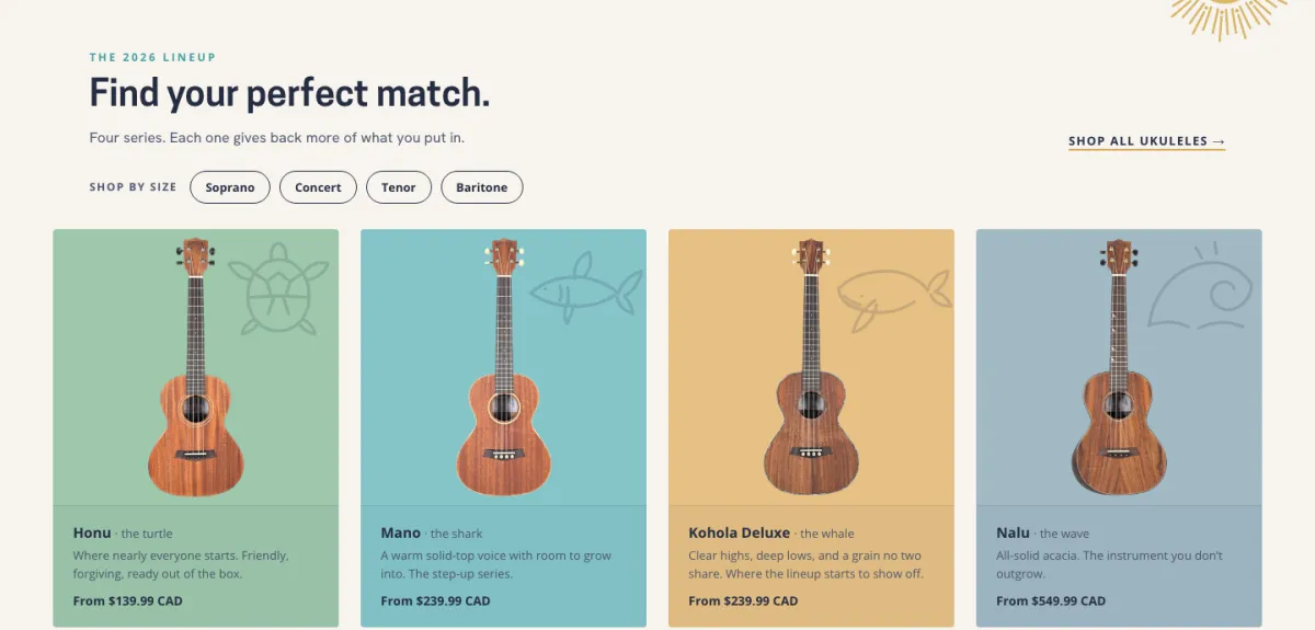 The 2026 lineup on the homepage: four ukuleles, each on its series colour with its animal drawn behind it