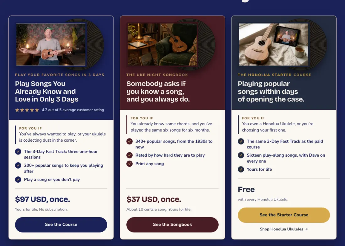 The homepage block with three cards, the course in navy, the Songbook in oxblood and the free Starter Course in Honolua navy, each with a photo on a record sleeve
