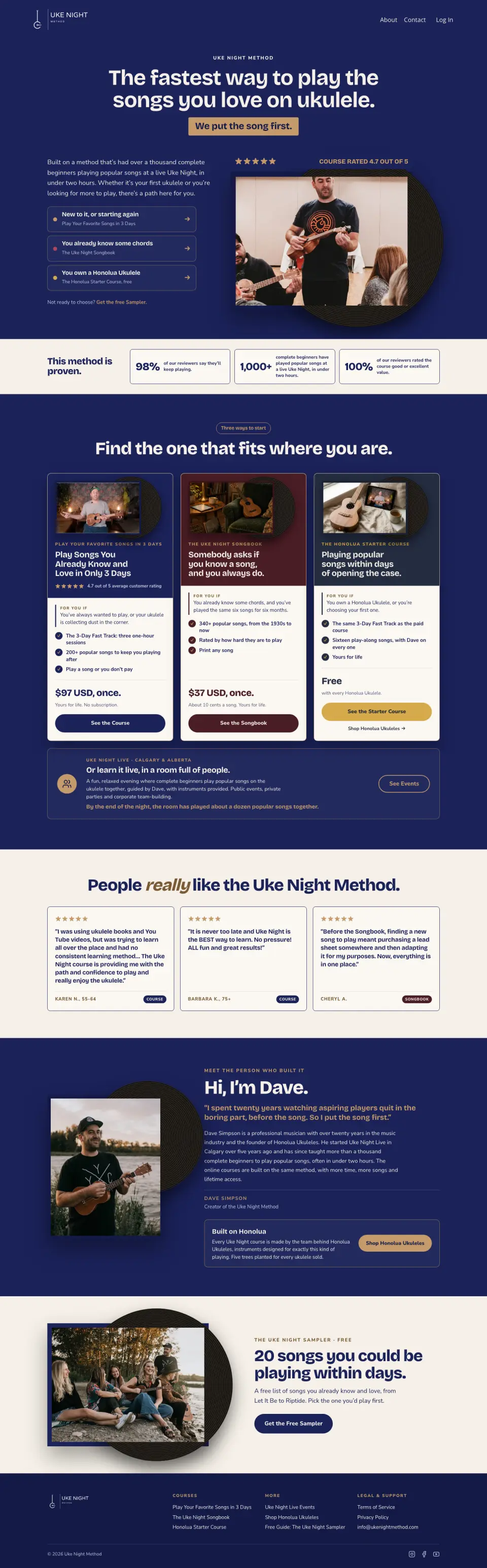 The whole Uke Night Method homepage, from the hero down to the footer