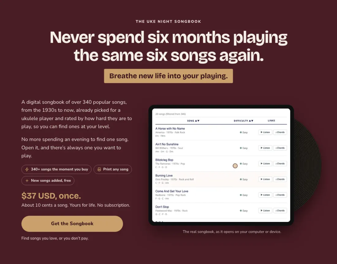 The top of the Songbook sales page in oxblood, with the real songbook open on a tablet beside the headline