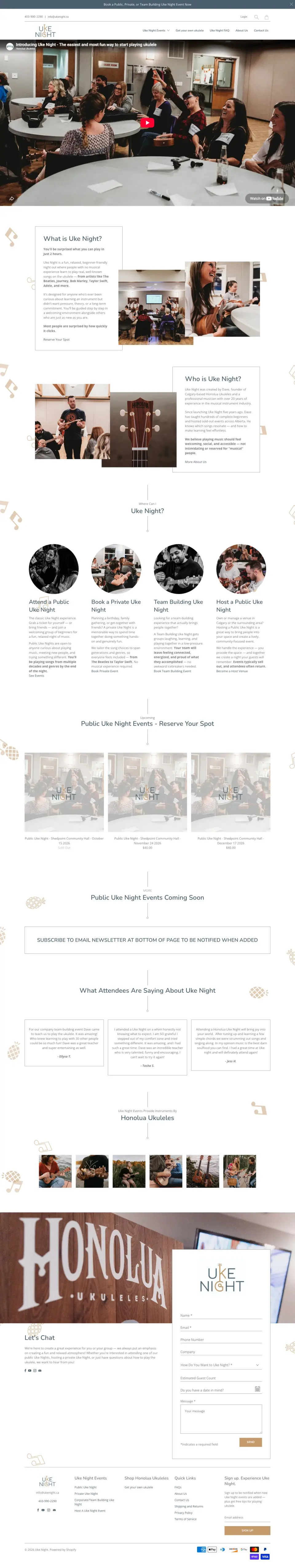 The whole Uke Night Live homepage, from the video at the top down to the footer