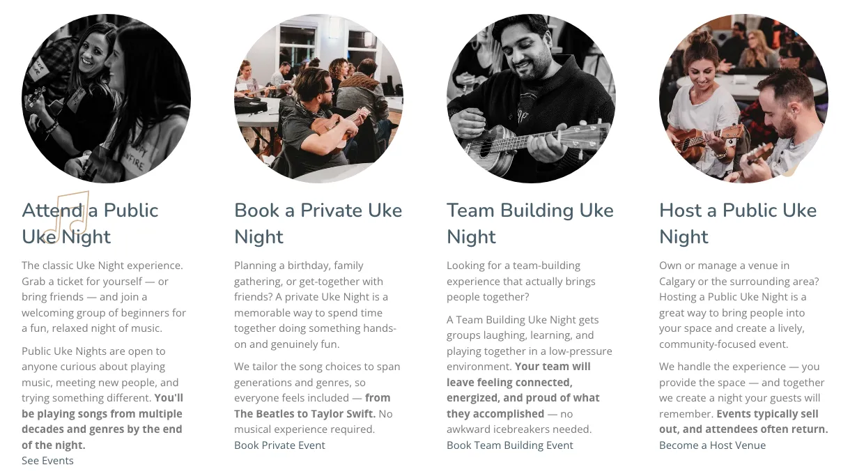 Four round photos from real Uke Nights, each over a short block: attend a public night, book a private night, team building, host a public night