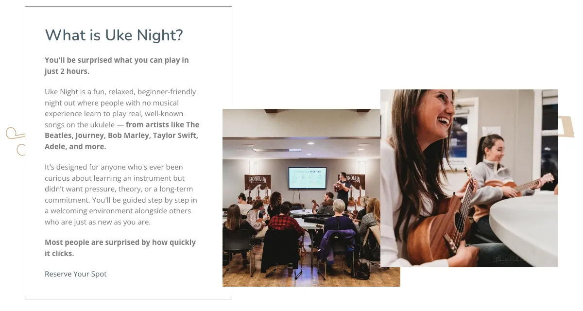 The What is Uke Night block on the homepage, a framed text box beside two overlapping photos of a room full of beginners playing